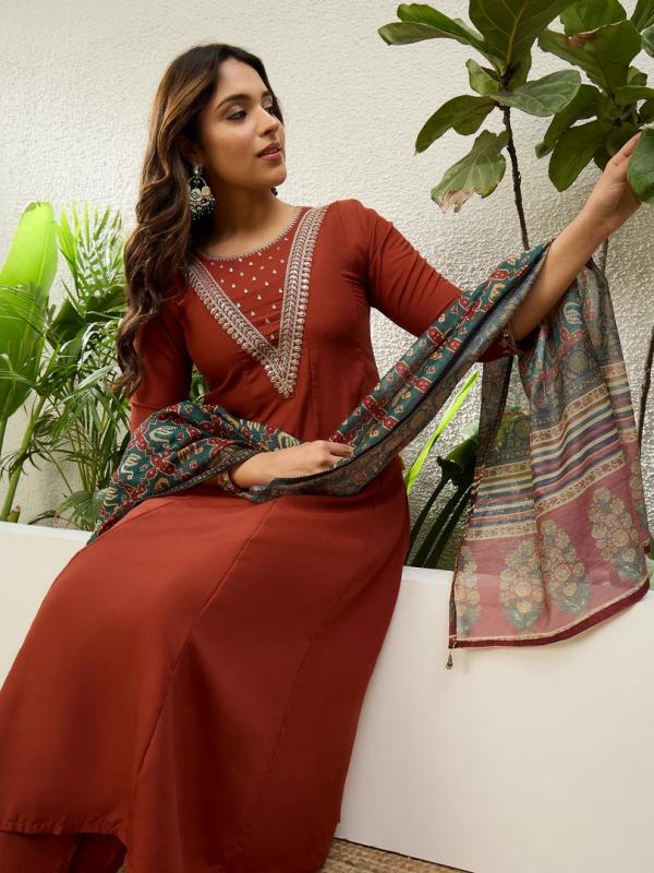 VP 9863 R Women's Rust Festive Flared Kurta Set with Traditional Print Dupatta